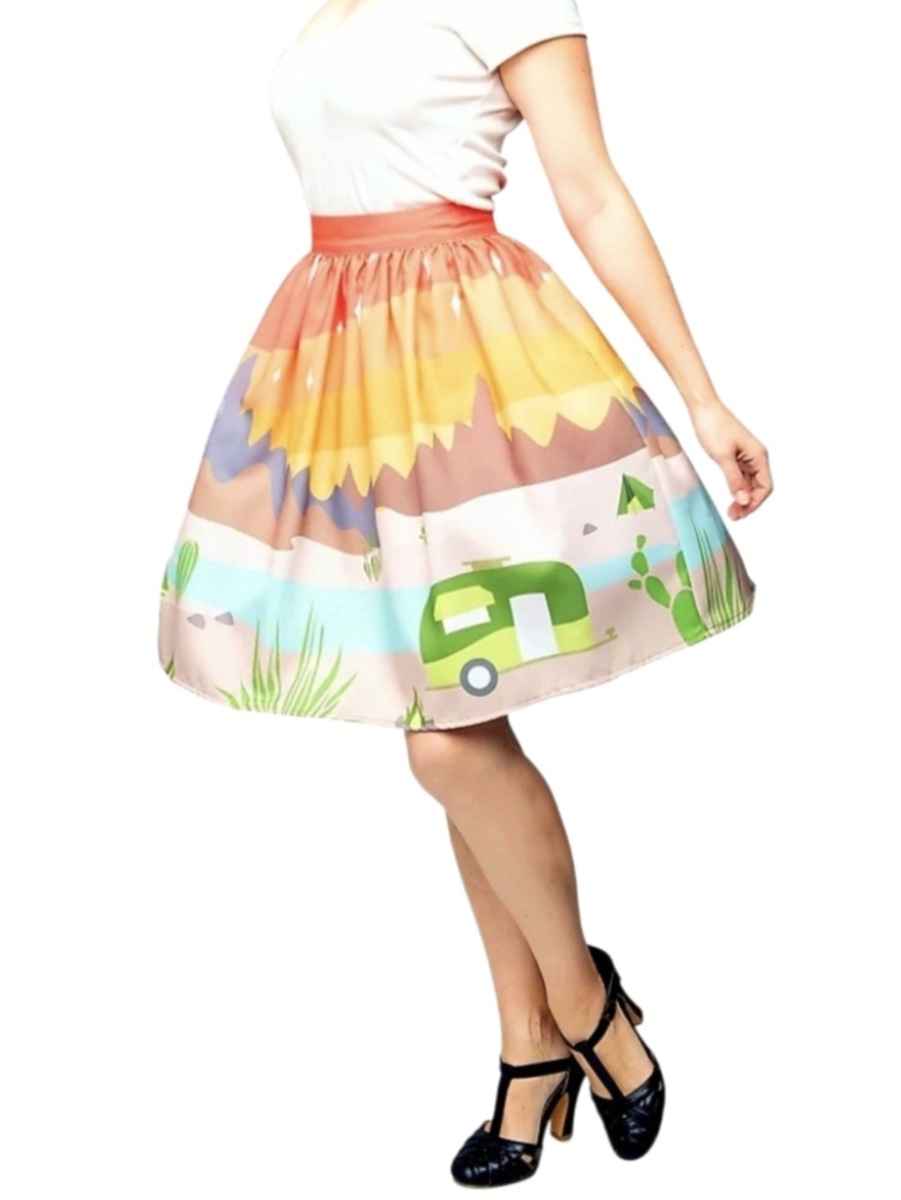 Steady Vintage Camper and Derert Sunset Gathered Swing Skirt Sz M